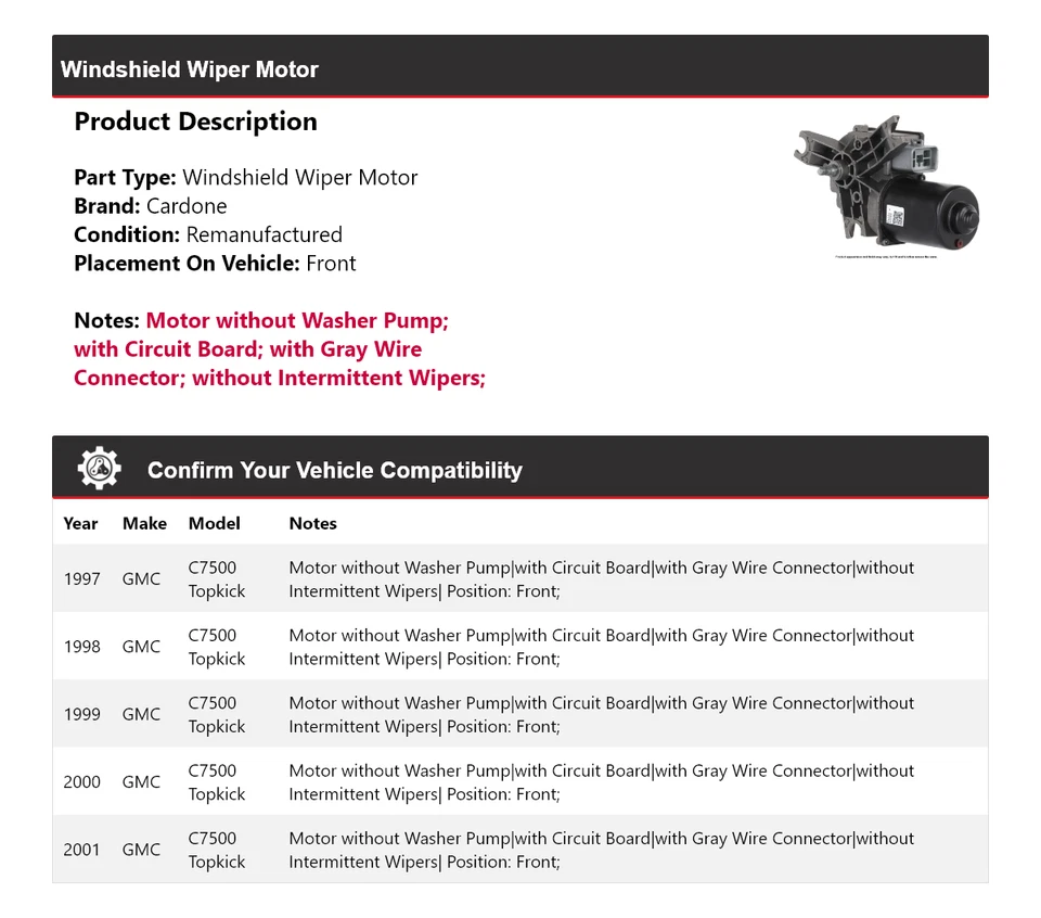 Para GMC C7500 1997-2001 Topkick Limpiaparabrisas Motor Delantero Cardone 1998 1999 Foto 2 de 4