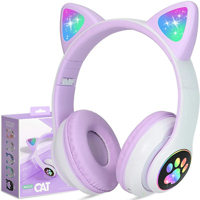 Kids Headphones,  Cat Ear Wireless Headphones, LED Light up Kids Bluetooth Headp