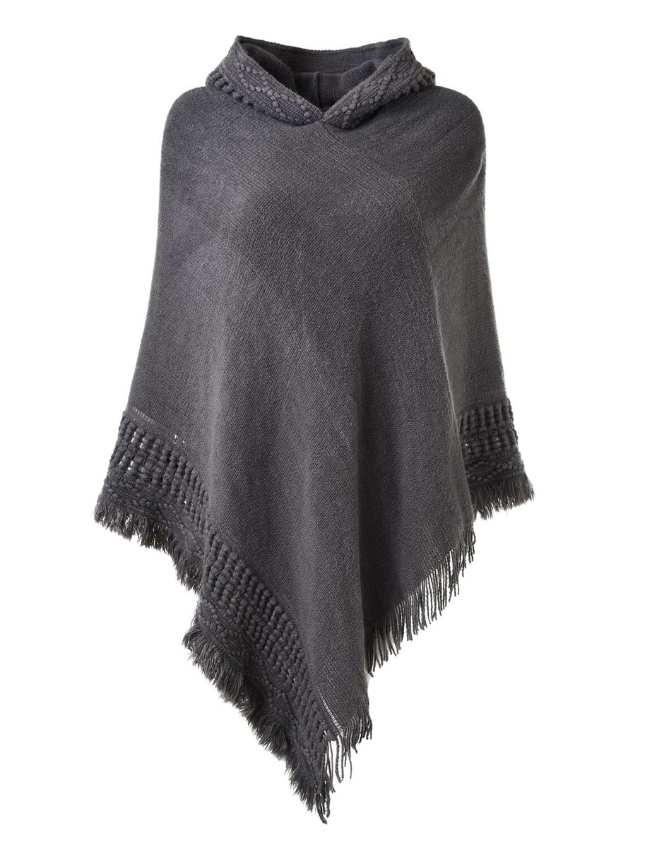 Crochet Hooded Cape Fringed Hem Poncho Pattern for Women Knitting
