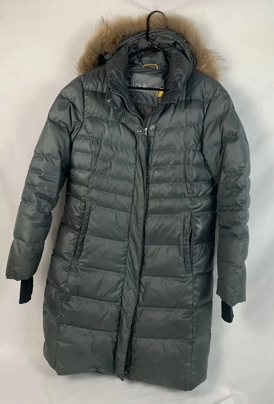 lole puffer down fill raccoon trim hooded full zip jacket