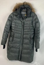 LOLE Puffer Jacket Down Fill Coat Gray Raccoon Trim Hooded Full Zip Womens Large