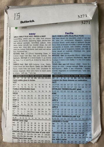 Modello Butterick 3271. Taglie forti per bambina: 7, 8, 10, 12, 14. Non tagliato. anni 2000. - Foto 3 di 3