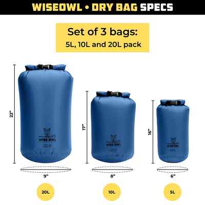 Wise Owl Waterproof Dry Bag - Fully Submersible 3pk Ultra Light 5L, 10L, & 20L