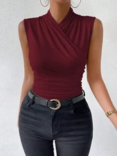 Raffinéa Women'sFashion Summer Solid Color Crisscross Pleated Sleeveless TankTop