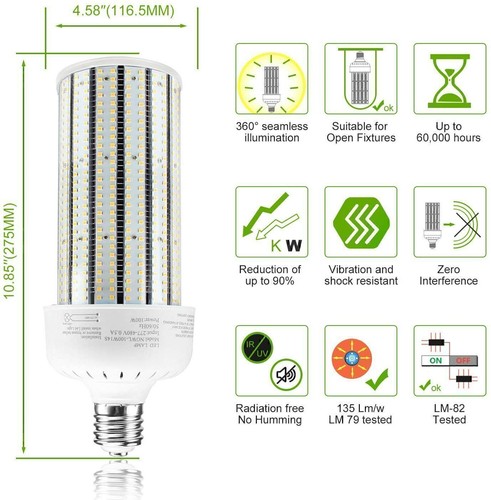 AC277-480V LED Bulb 100W Corn Cob Light Bulb E39 5000K Lamp Replace for 400W HID - Picture 5 of 11