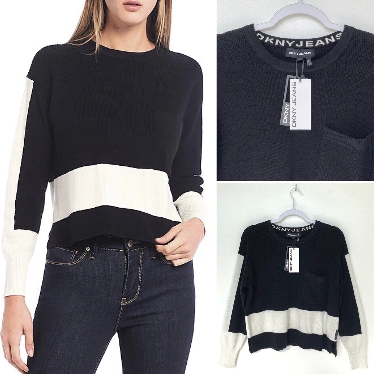 DKNY Color Block Sweater Women Medium Front Pocket Long Sleeve Crew Neck Logo