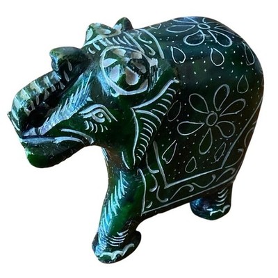 HandCarved Green Soapstone Elephant Figurine India African Bohemian Safari Decor