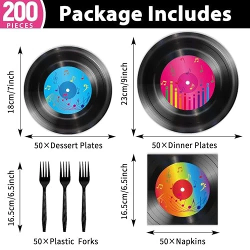 200 PIEZAS Vajilla Desechable para Suministros de Fiesta de Música Rock Años 50 Disco de Vinilo Foto 3 de 4