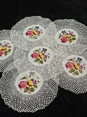 Vintage Petit Point Embroidery Crochet Lace Doily Coaster Set Of 6