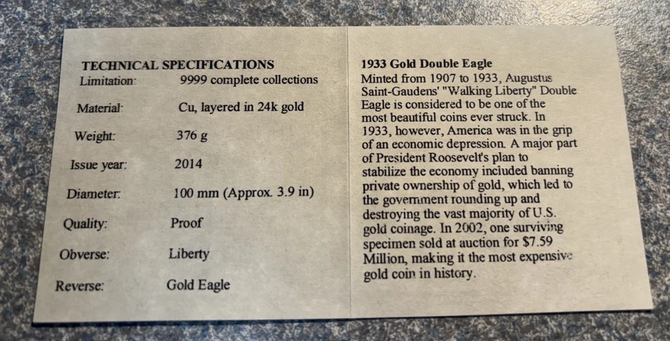2014 Jumbo Dream GOLD DOUBLE EAGLE 1933 3.9" 24k-layered Commemorative Coin COA - Image 4 of 4