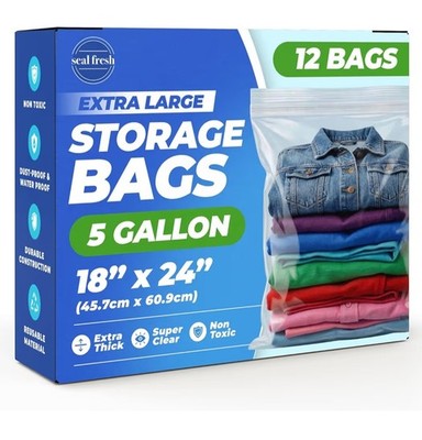 12 Pack 5 Gallon Extra Large Storage BagsReusable Zip Lock Bags for Clothes...