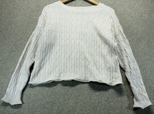 DKNY Jeans Womens Cropped Sweater White Cable Knit Long Sleeve Soft Cozy L