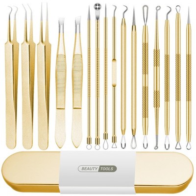 Blackhead Remover Tool, 16 PCS Pimple Popper 16 Count (Pack of 1), Golden 