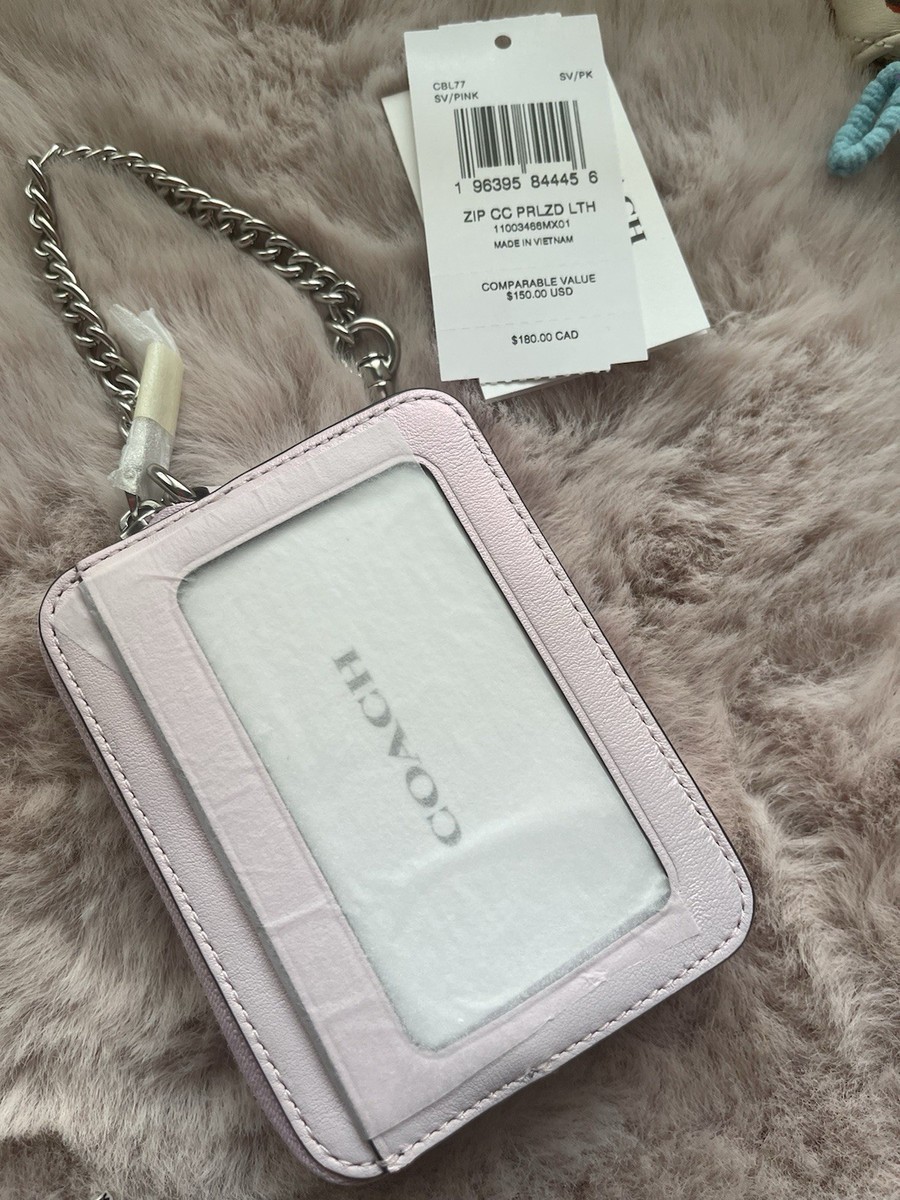 Coach Zip Card Case With Chain Wrist Strap In Leather/Silver/Pink
