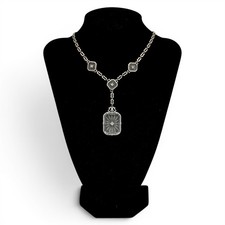 ANTIQUE ART DECO CAMPHOR GLASS DIAMOND LAVALIER NECKLACE 14K WHITE GOLD ~16