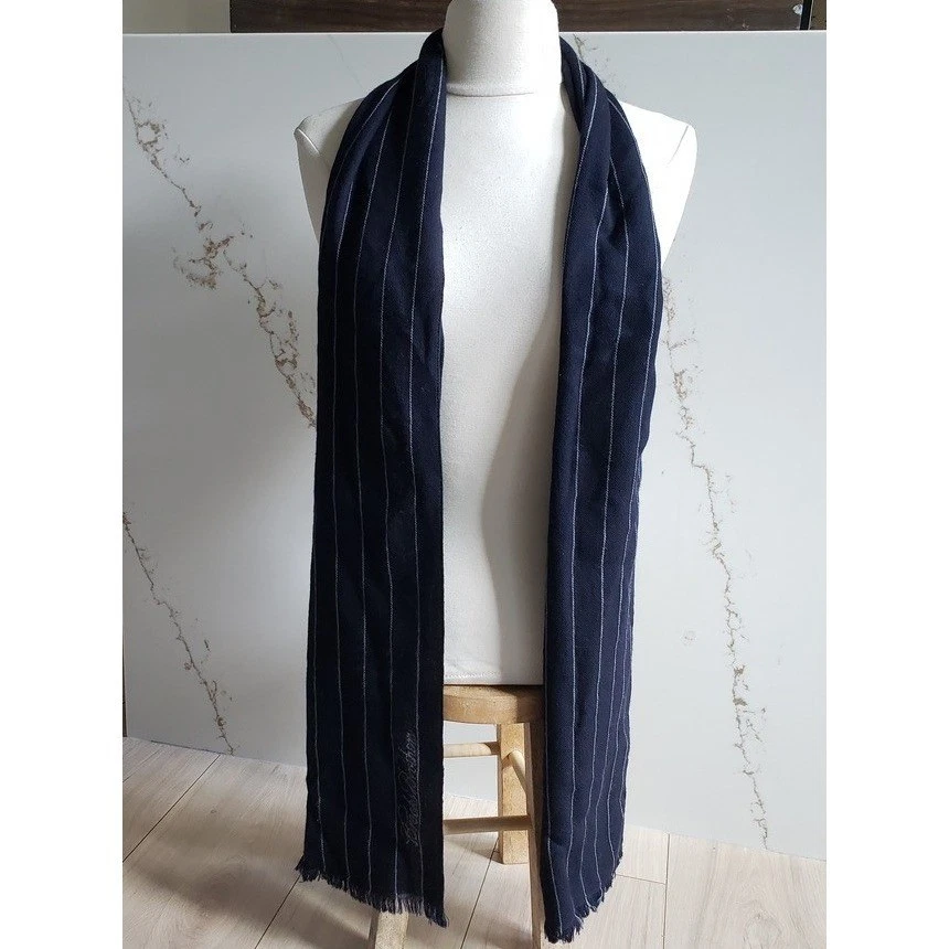 Brooks Brothers 海军蓝羊毛围巾男式细条纹刺绣标志条纹 — 第 3/4 张图片