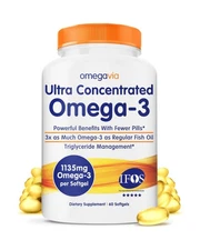 OmegaVia Ultra Concentrated Omega 3 Fish Oil Burpless, 60 Softgels, Triple St...