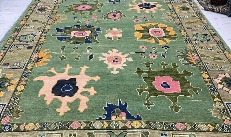 Alfombra anudada a mano verde con alfombra Oushak alfombra turca 100 % lana alfombra de dormitorio Foto 2 de 4
