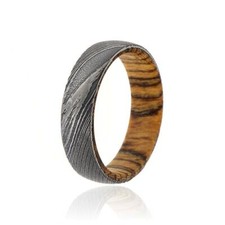 New 6mm Wide Damascus Steel Ring with a Bocote Wood Sleeve