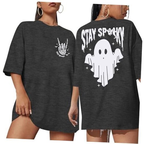 Halloween Oversize T-Shirt for Women Cute Spooky Graphic Shirt Small Dark Gray