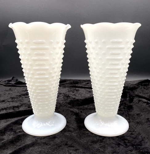 Set of 2 - Vintage Anchor Hocking Hobnail Milk Glass Vase, Ruffled Edge, 9.5"