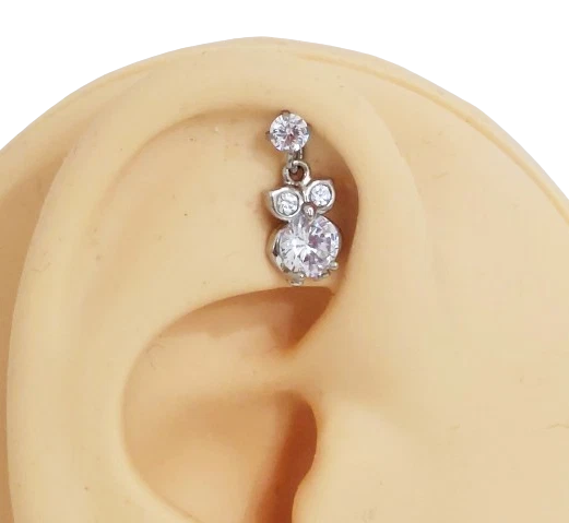 Piercing con gufo pendente in acciaio chirurgico orecchino brillantino bianco  - Immagine 3 di 4