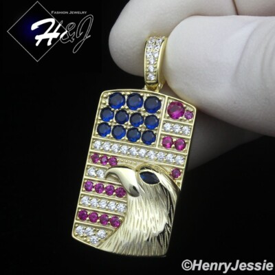 MEN 925 STERLING SILVER ICY BLING CZ 3D GOLD PLATED EAGLE DOG TAG PENDANT*GP465