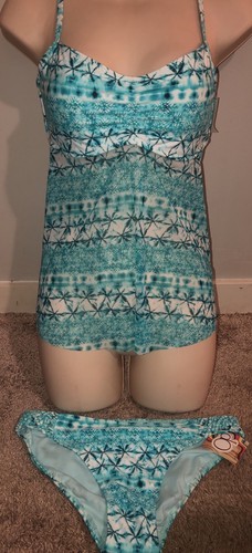 NWT Blue Printed OP Mesh Open Back Tankini Junior Sz Med