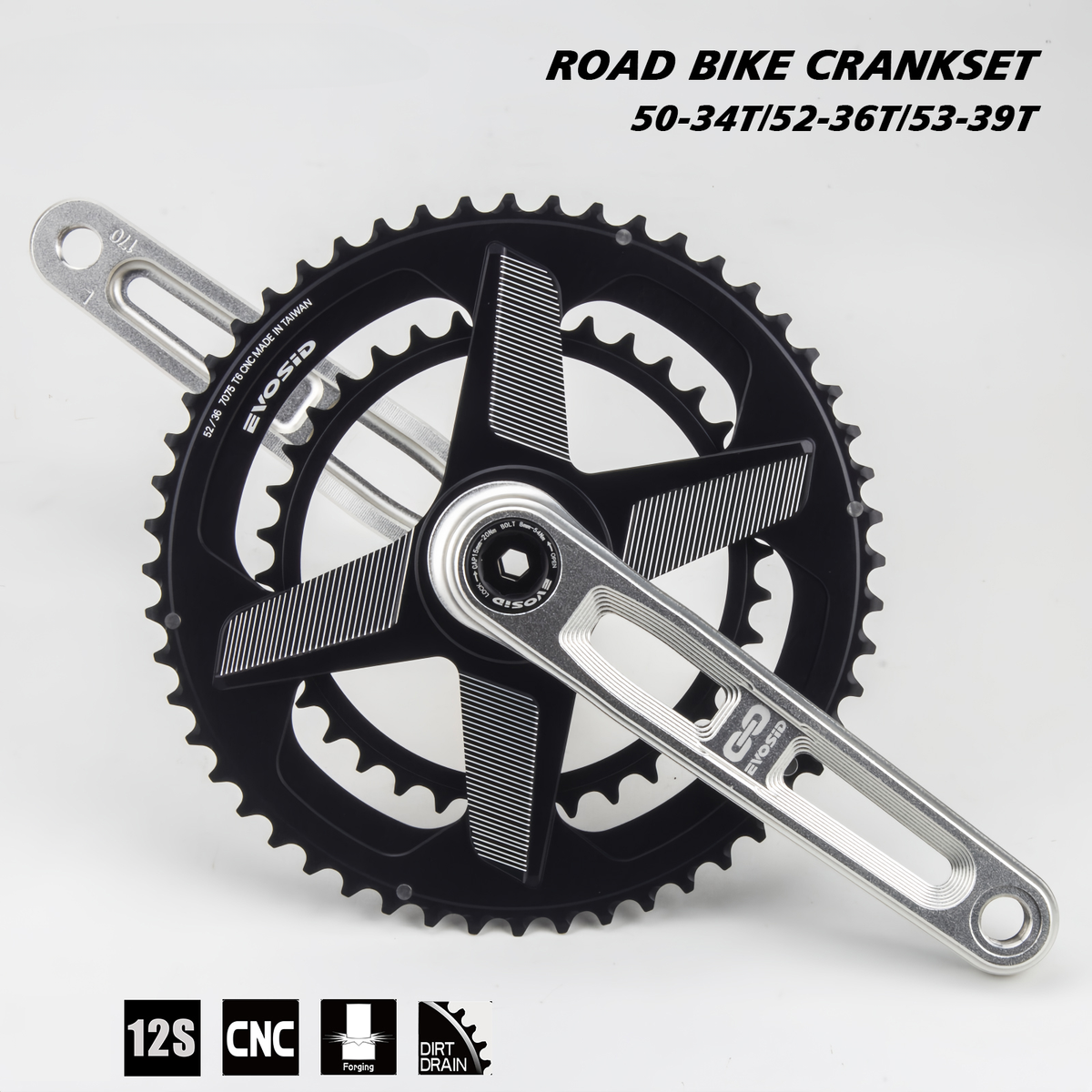 Road Bike Crankset 52-36T 12 Speed 2X Chainring Hollow Tech