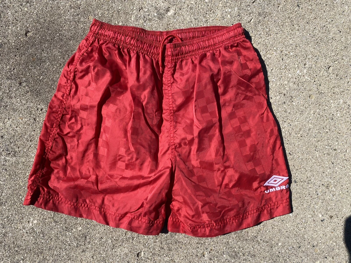 Vintage Umbro Red Checkered Silky Soccer Football Shorts S YXL