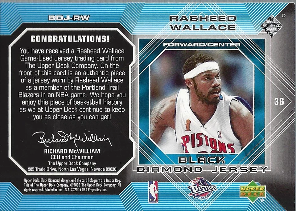 2004-05 Black Diamond Jerseys #RW Rasheed Wallace White Jersey  BSK - Image 2 of 2