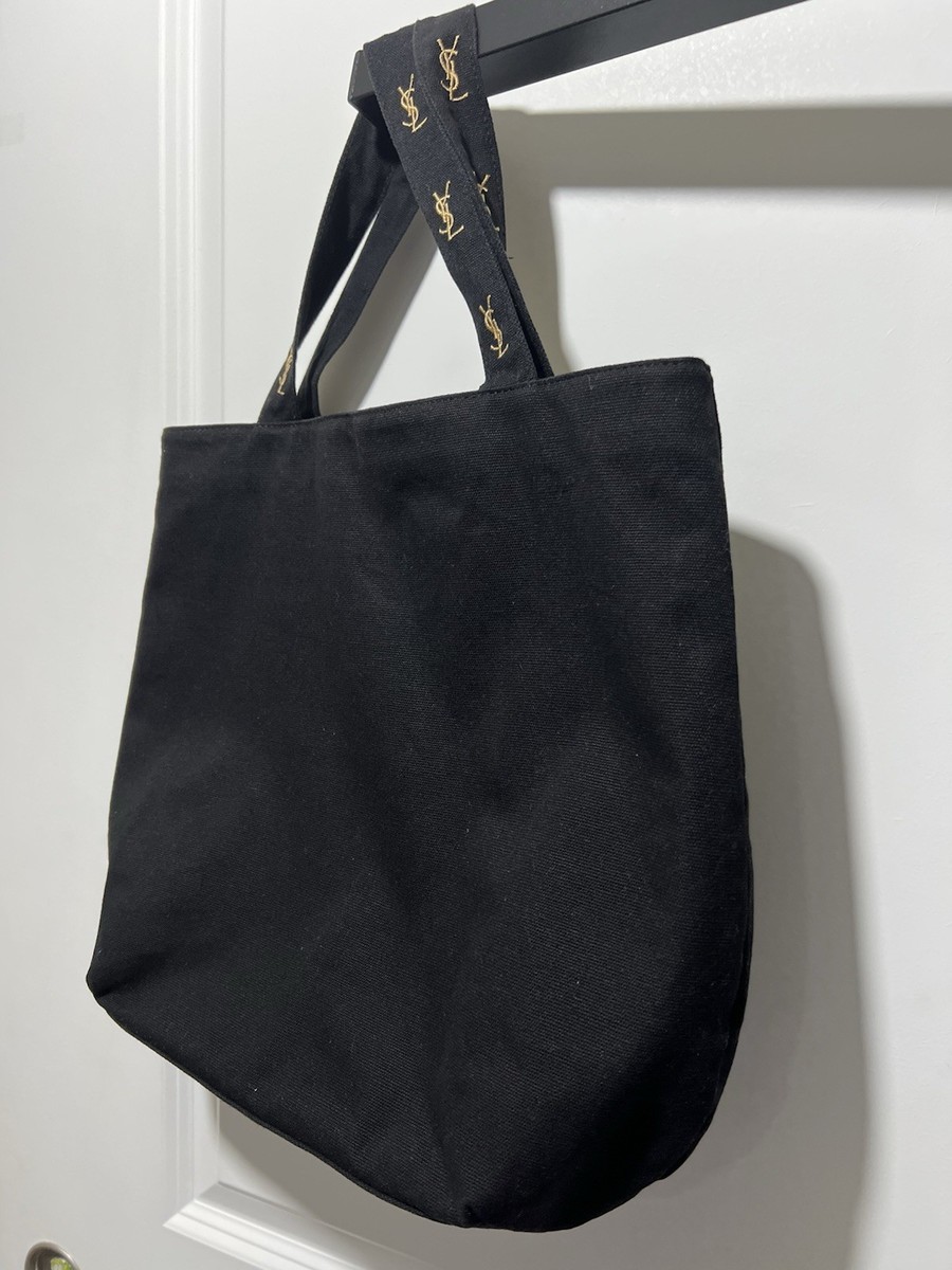 Yves Saint Laurent YSL Black Tote Bag Gold Embroidered Logo Rare