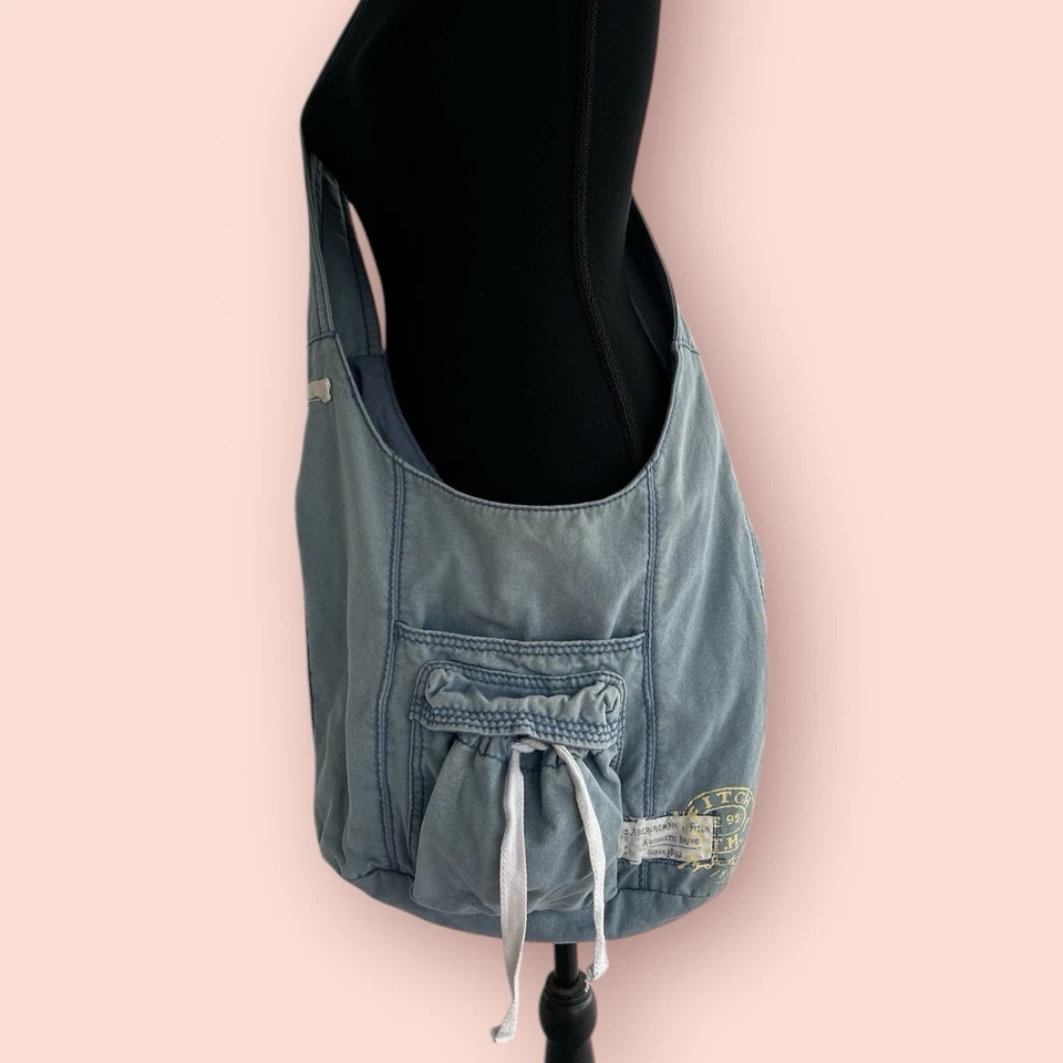 RARO De Colección Y2K Abercrombie & Fitch Bolso Mensajero de Lona Bandolera Cartera Azul Grande Foto 2 de 4