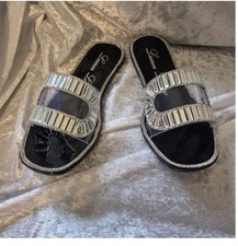 Lauren Lorraine Jane Black Crystal Rhinestone Embellished Slide Sandals, NEW 5.5