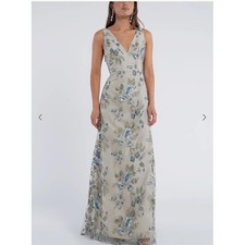 Jenny Yoo Tatum V-Neck Embroidered Floral Tulle Gown Dress Blue Sage Green 20 Z6