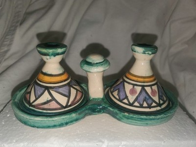 Moroccan Tagine Ceramic Double Spice Holder Teal White Blue Pink Yellow 