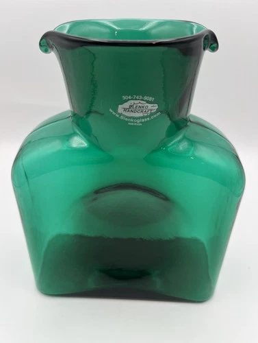 Blenko Glass Water Bottle Emerald Green Double Spout Signed Richard Blenko 2000