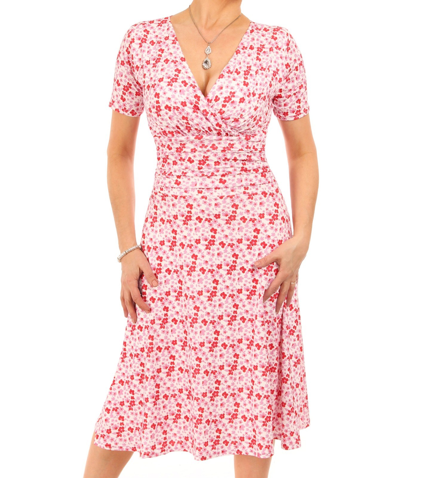 Nuevo Rosa y Rojo Floral Ajustado y con Vuelo Vestido - Forrado