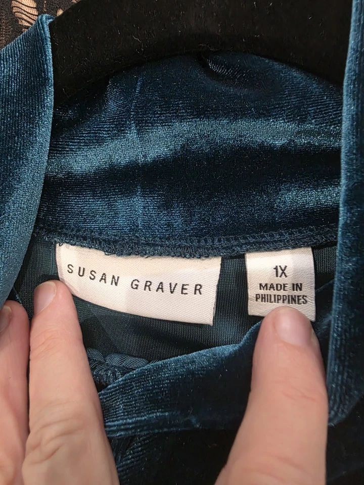 Susan Graver Size 1X Top Velvet Teal Sleeveless Mock Turtleneck Tank Plus EUC - Image 4 of 4