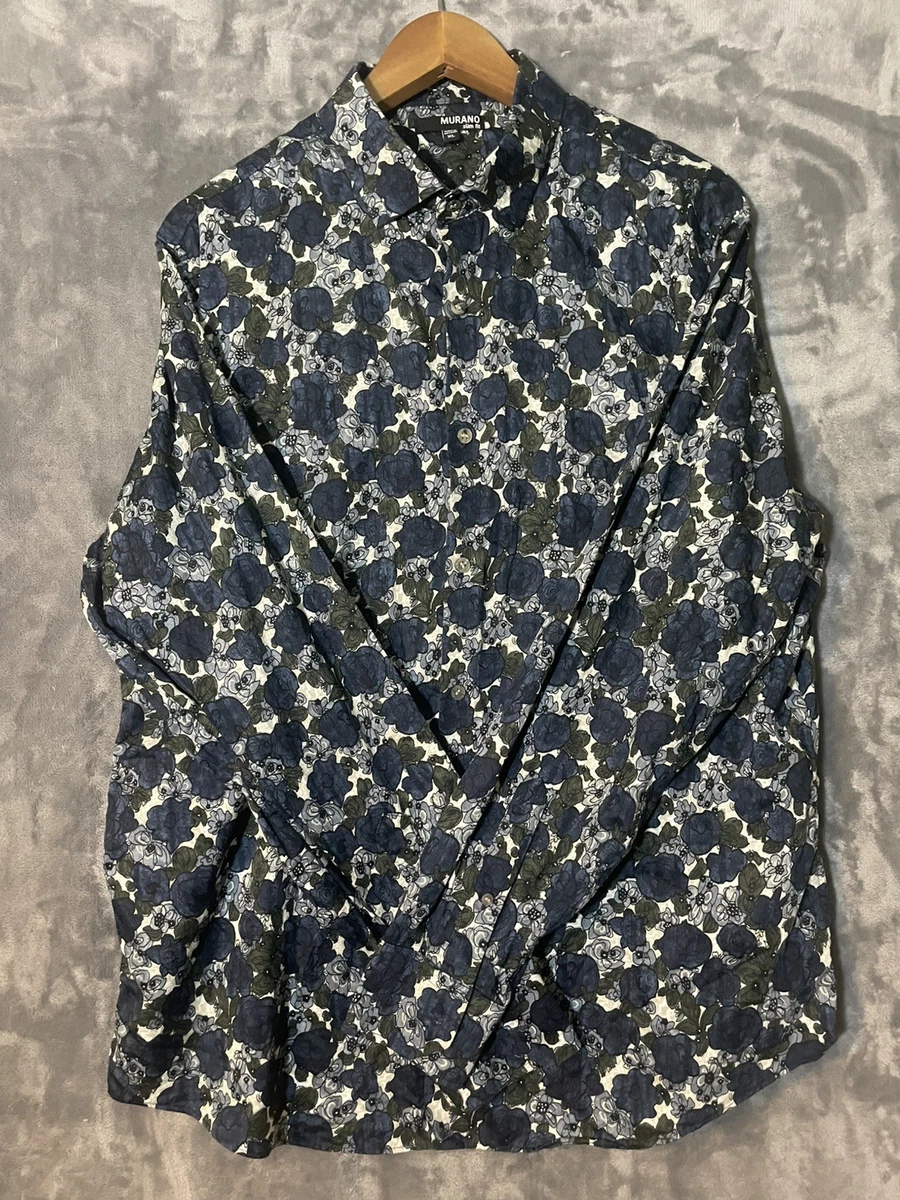 murano mens dress shirts Murano Shirt Mens Medium Blue Floral Print Liquid Luxury Cotton Button Up