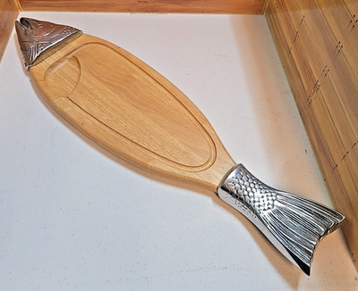 Vintage Wood/Pewter Fish Shaped Cutting/Serving Board; Thailand