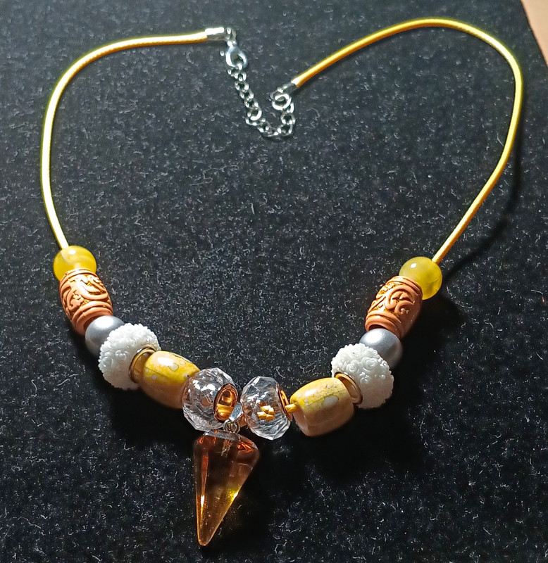 Yellow Beaded Cord Necklace With Crystal Cone Charm Pendant & Lobster Clasp