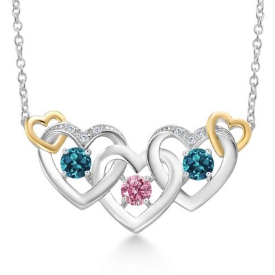 925 Silver and 10K Yellow Gold Pink Lab Grown Diamond London Blue Topaz Heart