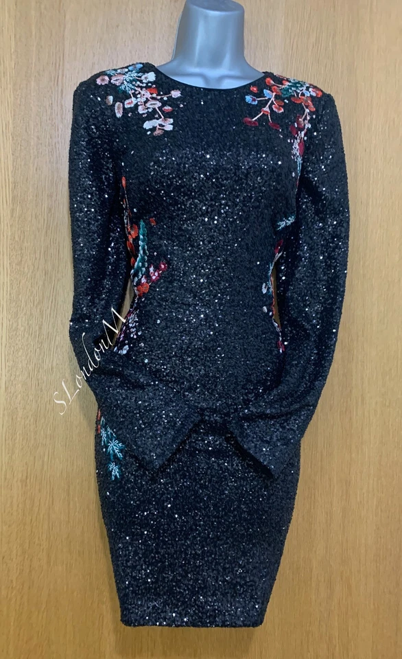 Karen Millen Glamorous Pailletten Japanisch Blumen Bestickt Party Minikleid UK10 - Bild 3 von 4