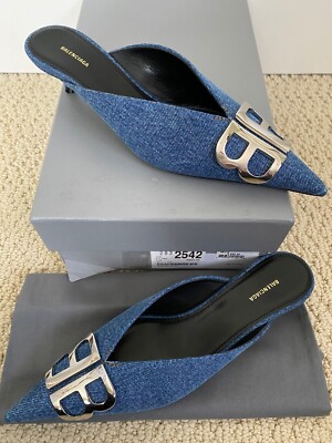 BALENCIAGA ナイフホウミュル 785660WWAD40 1000 NIB Balenciaga BB Logo Knife Blue Denim Pointed Toe Mule