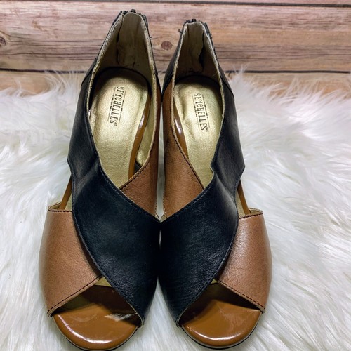 Seychelles Women’s Wedge Sandals Peep Toe Leather Shoes Black Brown Size 8 - Picture 2 of 5