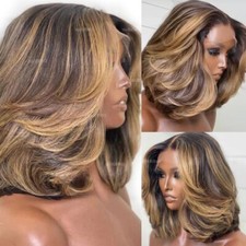 Layered Short Wavy Bob Lace Front Wigs Human Hair Brown Blonde Highlight Women