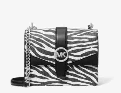 Michael Kors Greenwich Women Small Animal Print Logo Flap Crossbody Bag Black