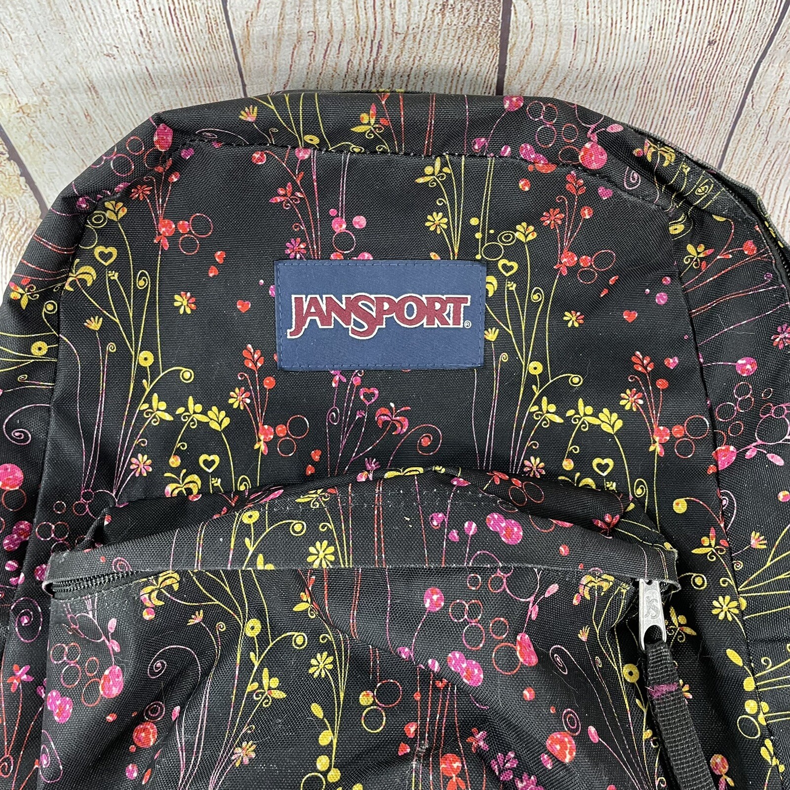 Jansport Backpack Floral Flowers Bag Black Pink Womens Gem