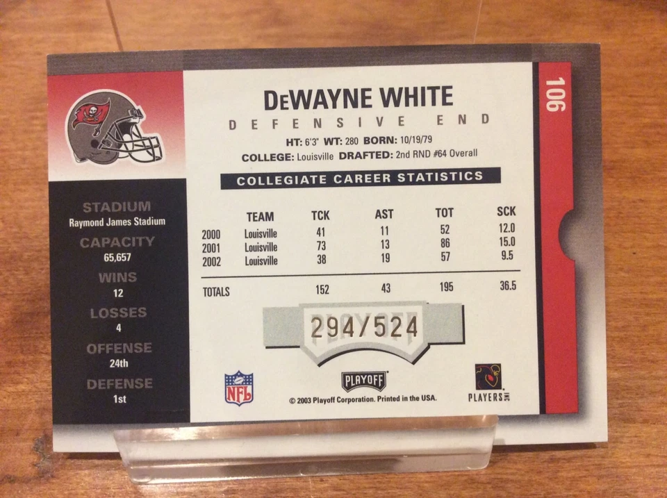 Dewayne White 2003 Playoff Contenders Rookie Auto 294/524 Tampa Bay #106 - Image 2 of 2
